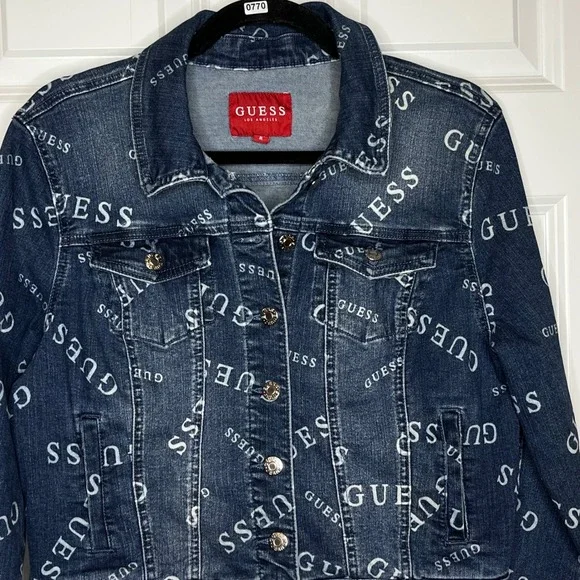 Guess Logo Print Cropped Blue Denim Jean Jacket Size Medium Y2K Streetwear - Picture 3 of 9